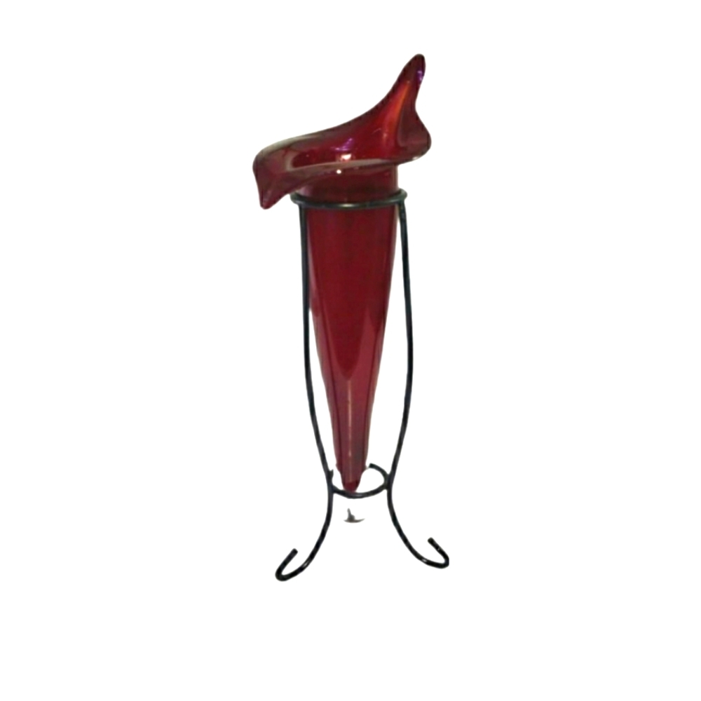 Hand Blown Ruby Red Flute Vase With Folded Iron Stand